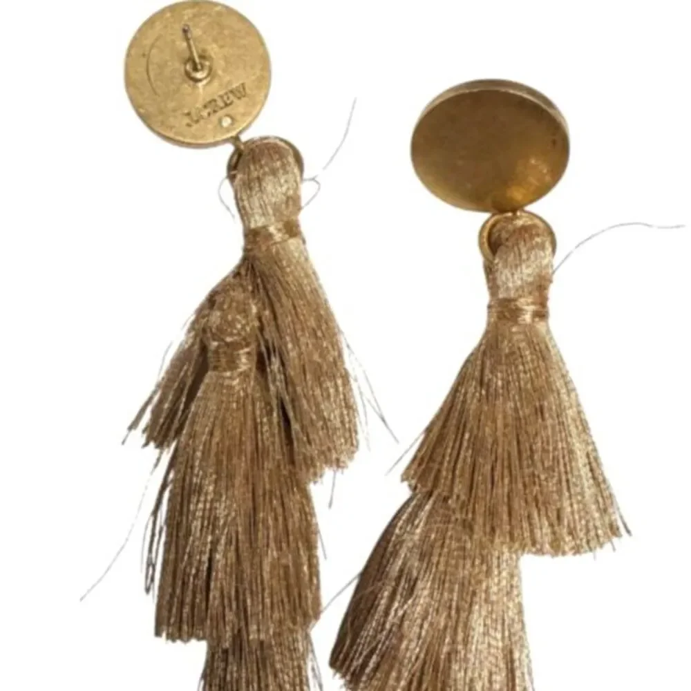 J.Crew Metallic Gold Three Tier Silky Fringe Tassel Post Style Drop Earrings